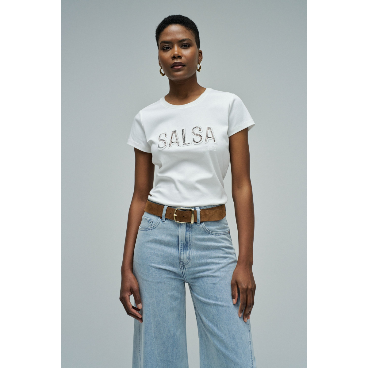 Haut Femme Salsa Taille S - Blanc Microfibre - Manches 3/4 Col V